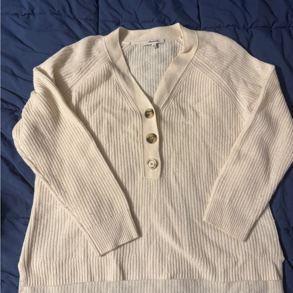 Madewell Wool Cream V-Neck Sweater with Button Accents